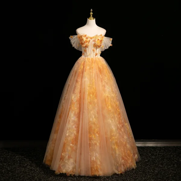 Flower Fairy Unusual Yellow Appliques Prom Dresses 2025 Ball Gown Off-The-Shoulder Short Sleeve Backless Floor-Length / Long Formal Dresses
