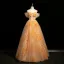 Flower Fairy Unusual Yellow Appliques Prom Dresses 2025 Ball Gown Off-The-Shoulder Short Sleeve Backless Floor-Length / Long Formal Dresses