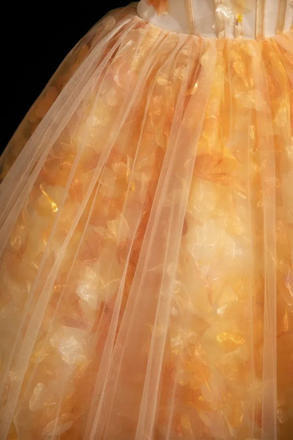 Flower Fairy Unusual Yellow Appliques Prom Dresses 2025 Ball Gown Off-The-Shoulder Short Sleeve Backless Floor-Length / Long Formal Dresses