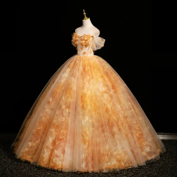 Flower Fairy Unusual Yellow Appliques Prom Dresses 2025 Ball Gown Off-The-Shoulder Short Sleeve Backless Floor-Length / Long Formal Dresses