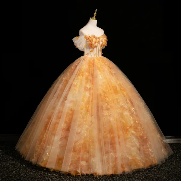 Flower Fairy Unusual Yellow Appliques Prom Dresses 2025 Ball Gown Off-The-Shoulder Short Sleeve Backless Floor-Length / Long Formal Dresses
