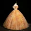 Flower Fairy Unusual Yellow Appliques Prom Dresses 2025 Ball Gown Off-The-Shoulder Short Sleeve Backless Floor-Length / Long Formal Dresses