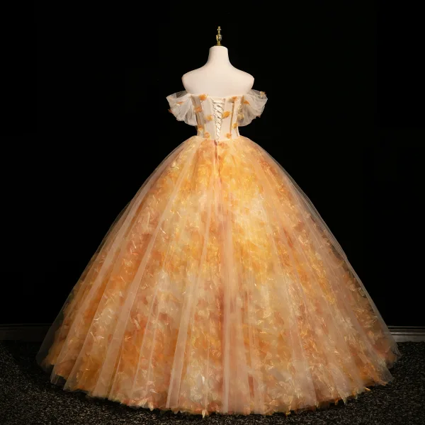 Flower Fairy Unusual Yellow Appliques Prom Dresses 2025 Ball Gown Off-The-Shoulder Short Sleeve Backless Floor-Length / Long Formal Dresses