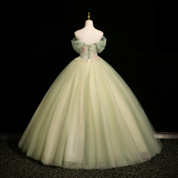 Chic / Belle Vert Cendré Perlage Paillettes Robe De Bal 2025 Robe Boule De l'épaule Manches Courtes Dos Nu Longue Robe De Ceremonie