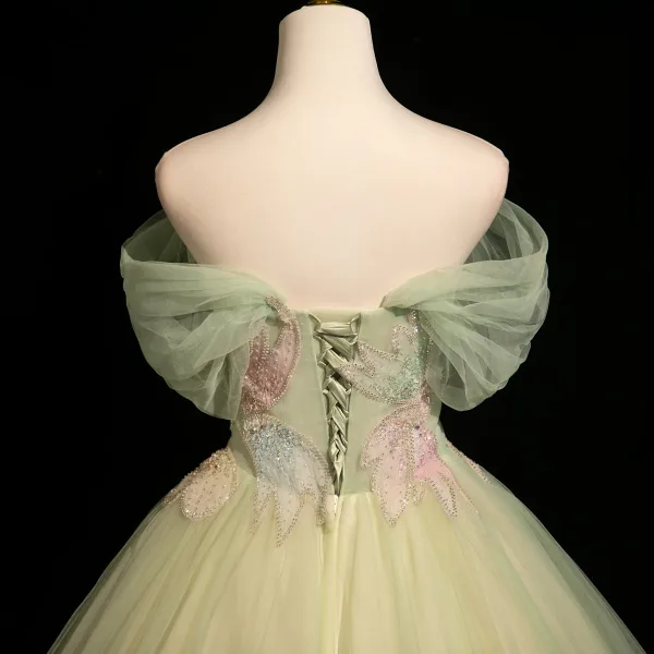 Chic / Belle Vert Cendré Perlage Paillettes Robe De Bal 2025 Robe Boule De l'épaule Manches Courtes Dos Nu Longue Robe De Ceremonie