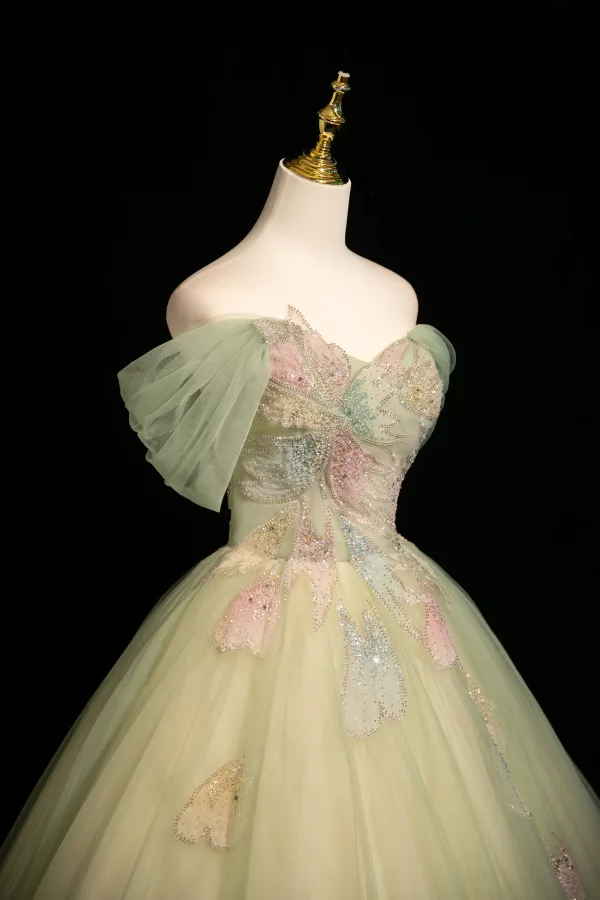 Chic / Belle Vert Cendré Perlage Paillettes Robe De Bal 2025 Robe Boule De l'épaule Manches Courtes Dos Nu Longue Robe De Ceremonie