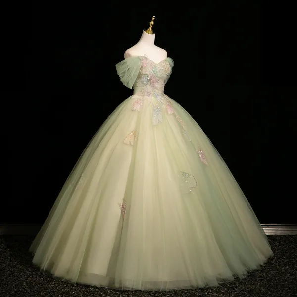 Chic / Belle Vert Cendré Perlage Paillettes Robe De Bal 2025 Robe Boule De l'épaule Manches Courtes Dos Nu Longue Robe De Ceremonie