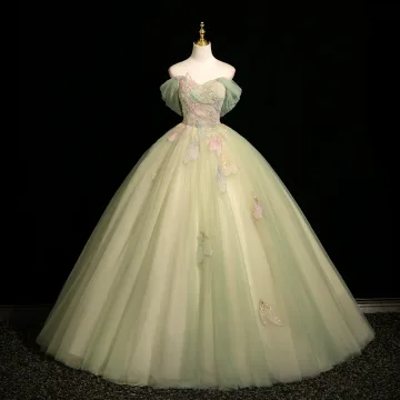 Chic Beautiful Sage Green Beading Sequins Prom Dresses 2025 Ball Gown Off The Shoulder Short Sleeve Backless Floor Length Long Formal Dresses