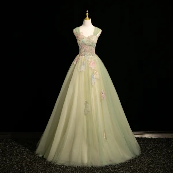 Chic / Belle Vert Cendré Perlage Paillettes Robe De Bal 2025 Robe Boule De l'épaule Manches Courtes Dos Nu Longue Robe De Ceremonie