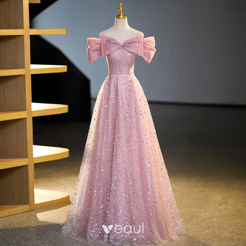 Sparkly Blushing Pink Beading Sequins Prom Dresses 2023 A-Line / Princess  Off-The-Shoulder Short Sleeve Backless Floor-Length / Long Prom Formal  Dresses