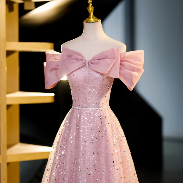 Scintillantes Rougissant Rose Perlage Paillettes Robe De Bal 2023 Princesse De l'épaule Manches Courtes Dos Nu Longue Promo Robe De Ceremonie