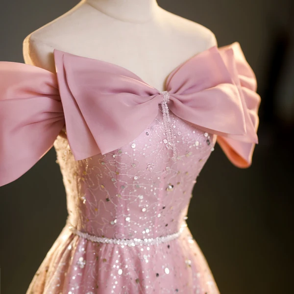 Scintillantes Rougissant Rose Perlage Paillettes Robe De Bal 2023 Princesse De l'épaule Manches Courtes Dos Nu Longue Promo Robe De Ceremonie