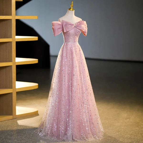 Scintillantes Rougissant Rose Perlage Paillettes Robe De Bal 2023 Princesse De l'épaule Manches Courtes Dos Nu Longue Promo Robe De Ceremonie