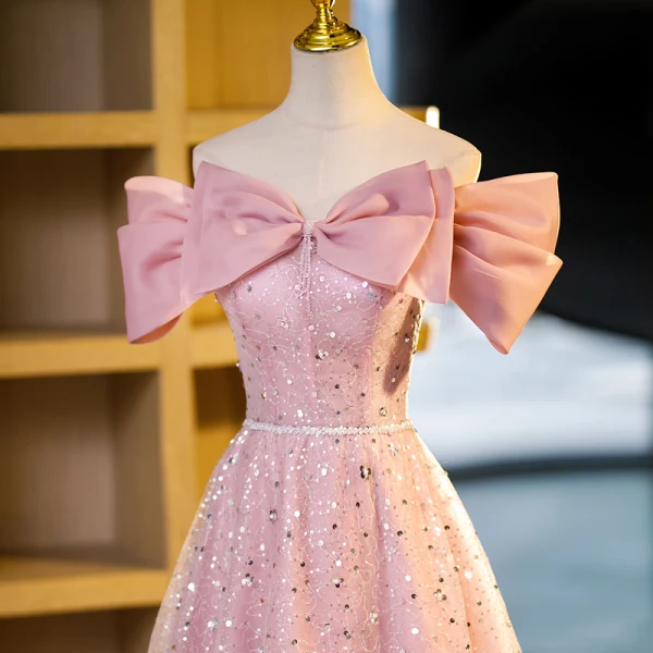 Scintillantes Rougissant Rose Perlage Paillettes Robe De Bal 2023 Princesse De l'épaule Manches Courtes Dos Nu Longue Promo Robe De Ceremonie