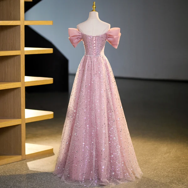 Scintillantes Rougissant Rose Perlage Paillettes Robe De Bal 2023 Princesse De l'épaule Manches Courtes Dos Nu Longue Promo Robe De Ceremonie