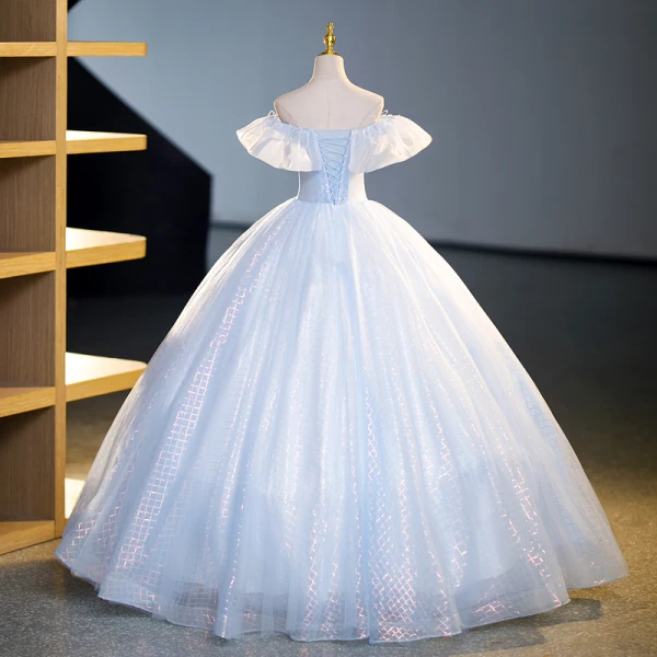 Fashion Sky Blue Sequins Prom Dresses 2023 Ball Gown Off-The-Shoulder Short Sleeve Backless Floor-Length / Long Prom Formal Dresses