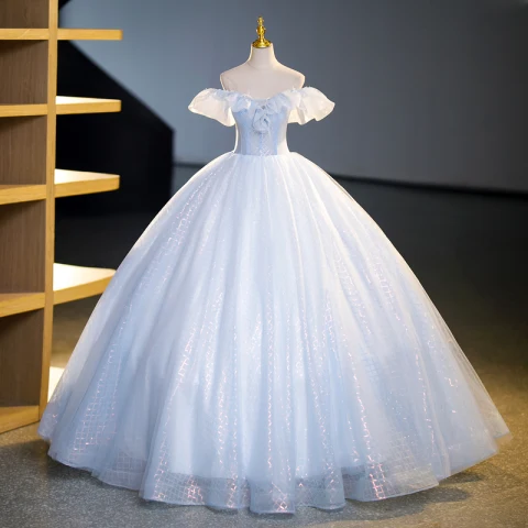 Moda Azul Cielo Lentejuelas Vestidos de gala 2023 Ball Gown Fuera Del Hombro Manga Corta Sin Espalda Largos Gala Vestidos Formales