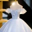 Fashion Sky Blue Sequins Prom Dresses 2023 Ball Gown Off-The-Shoulder Short Sleeve Backless Floor-Length / Long Prom Formal Dresses