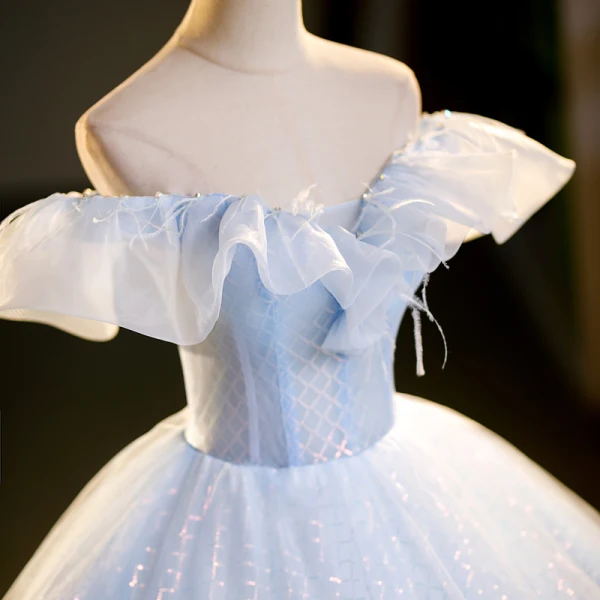 Fashion Sky Blue Sequins Prom Dresses 2023 Ball Gown Off-The-Shoulder Short Sleeve Backless Floor-Length / Long Prom Formal Dresses