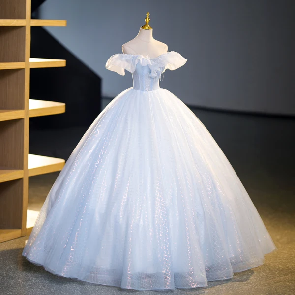 Fashion Sky Blue Sequins Prom Dresses 2023 Ball Gown Off-The-Shoulder Short Sleeve Backless Floor-Length / Long Prom Formal Dresses