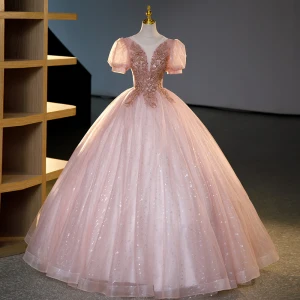 Charmant Rosa Perlenstickerei Pailletten Spitze Blumen Ballkleider 2023 Ballkleid Rundhalsausschnitt Kurze Ärmel Rückenfreies Lange Ball Festliche Kleider