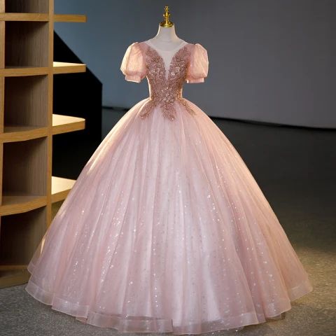 Encantador Rosa Clara Rebordear Lentejuelas Con Encaje Flor Vestidos de gala 2023 Ball Gown Scoop Escote Manga Corta Sin Espalda Largos Gala Vestidos Formales