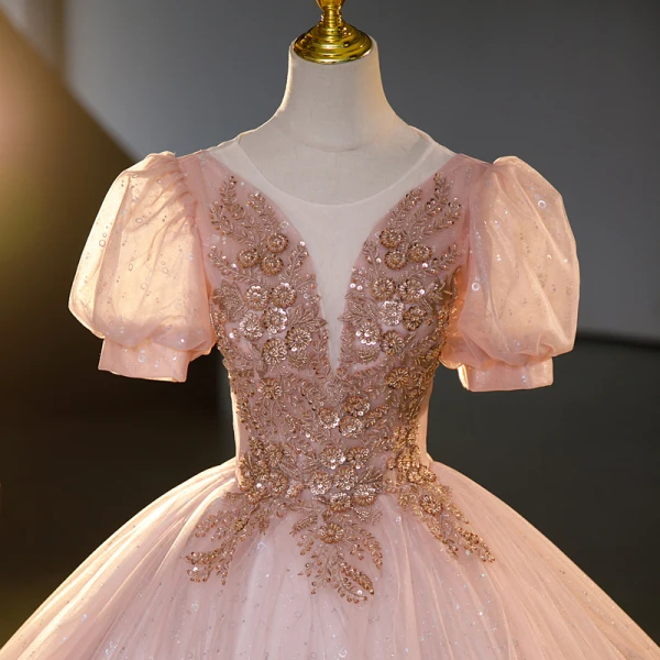 Charmant Rougissant Rose Perlage Paillettes En Dentelle Fleur Robe De Bal 2023 Robe Boule Encolure Dégagée Manches Courtes Dos Nu Longue Promo Robe De Ceremonie