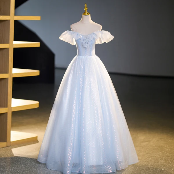 Fashion Sky Blue Sequins Prom Dresses 2023 Ball Gown Off-The-Shoulder Short Sleeve Backless Floor-Length / Long Prom Formal Dresses