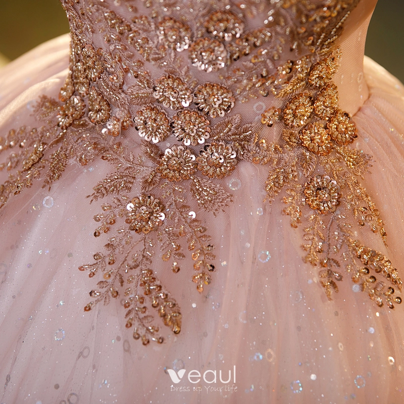 Charming Blushing Pink Beading Sequins Lace Flower Prom Dresses 2023 Ball  Gown Scoop Neck Short Sleeve Backless Floor Length Long Prom Formal Dresses