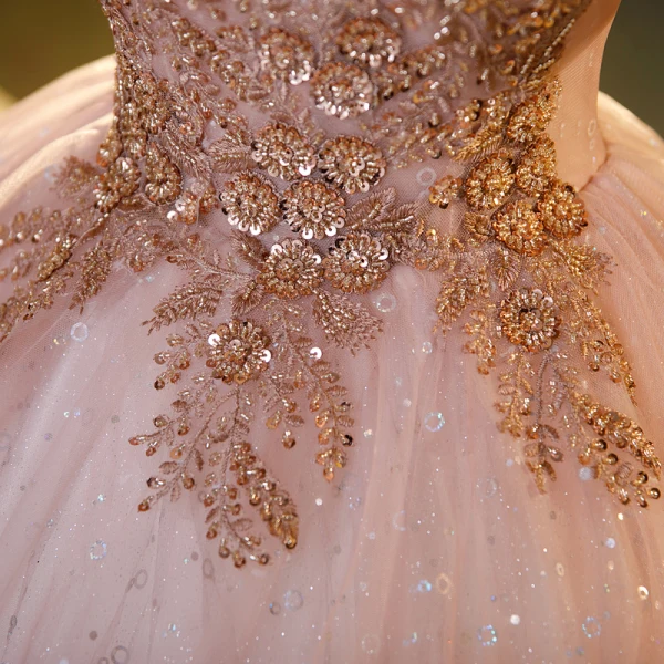 Charmant Rougissant Rose Perlage Paillettes En Dentelle Fleur Robe De Bal 2023 Robe Boule Encolure Dégagée Manches Courtes Dos Nu Longue Promo Robe De Ceremonie