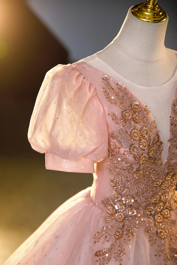 Charmant Rougissant Rose Perlage Paillettes En Dentelle Fleur Robe De Bal 2023 Robe Boule Encolure Dégagée Manches Courtes Dos Nu Longue Promo Robe De Ceremonie