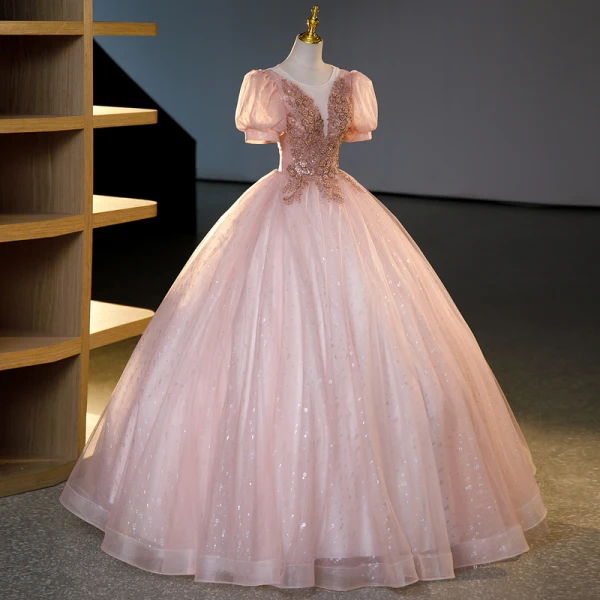Charmant Rougissant Rose Perlage Paillettes En Dentelle Fleur Robe De Bal 2023 Robe Boule Encolure Dégagée Manches Courtes Dos Nu Longue Promo Robe De Ceremonie