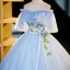 Elegant Sky Blue Beading Lace Flower Prom Dresses 2023 Ball Gown Ruffle Off-The-Shoulder Short Sleeve Backless Bow Sash Floor-Length / Long Prom