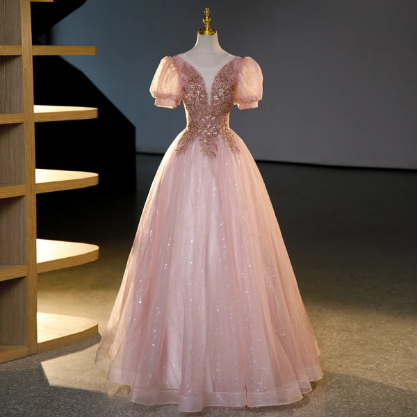 Charmant Rougissant Rose Perlage Paillettes En Dentelle Fleur Robe De Bal 2023 Robe Boule Encolure Dégagée Manches Courtes Dos Nu Longue Promo Robe De Ceremonie