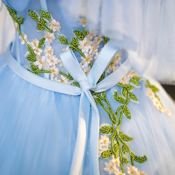 Elegant Sky Blue Beading Lace Flower Prom Dresses 2023 Ball Gown Ruffle Off-The-Shoulder Short Sleeve Backless Bow Sash Floor-Length / Long Prom