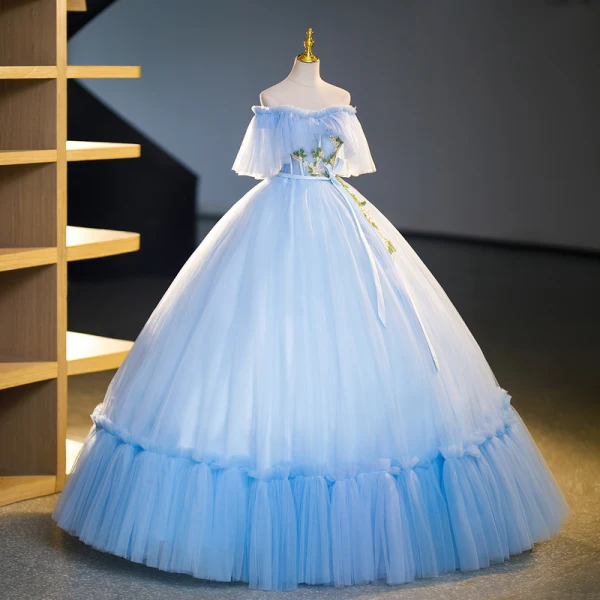 Elegant Sky Blue Beading Lace Flower Prom Dresses 2023 Ball Gown Ruffle Off-The-Shoulder Short Sleeve Backless Bow Sash Floor-Length / Long Prom