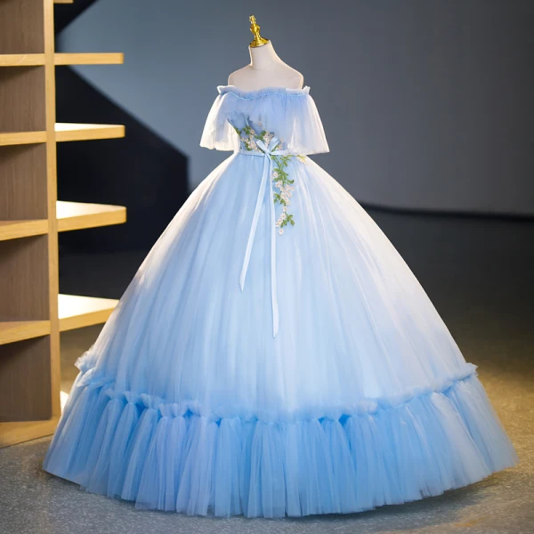 Elegant Sky Blue Beading Lace Flower Prom Dresses 2023 Ball Gown Ruffle Off-The-Shoulder Short Sleeve Backless Bow Sash Floor-Length / Long Prom