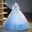 Elegant Sky Blue Beading Lace Flower Prom Dresses 2023 Ball Gown Ruffle Off-The-Shoulder Short Sleeve Backless Bow Sash Floor-Length / Long Prom
