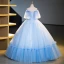 Elegant Sky Blue Beading Lace Flower Prom Dresses 2023 Ball Gown Ruffle Off-The-Shoulder Short Sleeve Backless Bow Sash Floor-Length / Long Prom