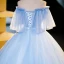 Elegant Sky Blue Beading Lace Flower Prom Dresses 2023 Ball Gown Ruffle Off-The-Shoulder Short Sleeve Backless Bow Sash Floor-Length / Long Prom