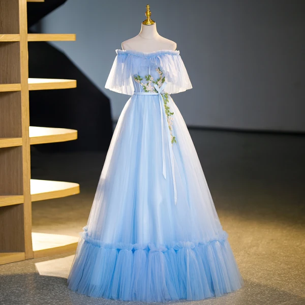 Elegant Sky Blue Beading Lace Flower Prom Dresses 2023 Ball Gown Ruffle Off-The-Shoulder Short Sleeve Backless Bow Sash Floor-Length / Long Prom