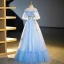 Elegant Sky Blue Beading Lace Flower Prom Dresses 2023 Ball Gown Ruffle Off-The-Shoulder Short Sleeve Backless Bow Sash Floor-Length / Long Prom