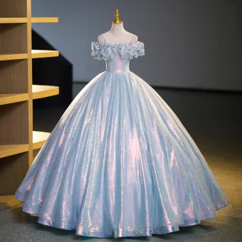 Scintillantes Bleu Ciel Paillettes Robe De Bal 2023 Robe Boule Encolure Dégagée Manches Courtes Dos Nu Longue Promo Robe De Ceremonie