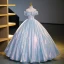 Sparkly Sky Blue Sequins Prom Dresses 2023 Ball Gown Scoop Neck Short Sleeve Backless Floor-Length / Long Prom Formal Dresses