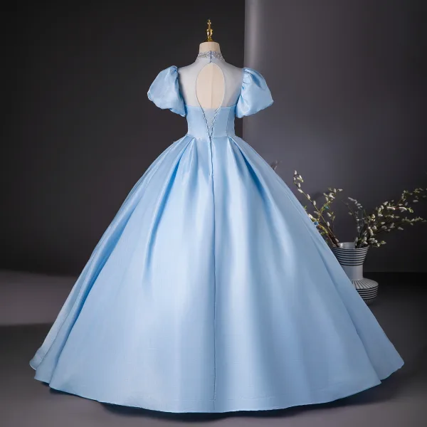 Elegant Sky Blue Beading Pearl Sequins Prom Dresses 2024 Ball Gown Scoop Neck Puffy Short Sleeve Backless Floor-Length / Long Prom Formal Dresses
