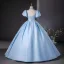 Elegant Sky Blue Beading Pearl Sequins Prom Dresses 2024 Ball Gown Scoop Neck Puffy Short Sleeve Backless Floor-Length / Long Prom Formal Dresses