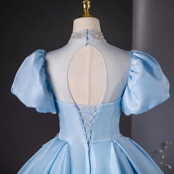 Elegant Sky Blue Beading Pearl Sequins Prom Dresses 2024 Ball Gown Scoop Neck Puffy Short Sleeve Backless Floor-Length / Long Prom Formal Dresses
