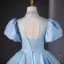 Elegant Sky Blue Beading Pearl Sequins Prom Dresses 2024 Ball Gown Scoop Neck Puffy Short Sleeve Backless Floor-Length / Long Prom Formal Dresses