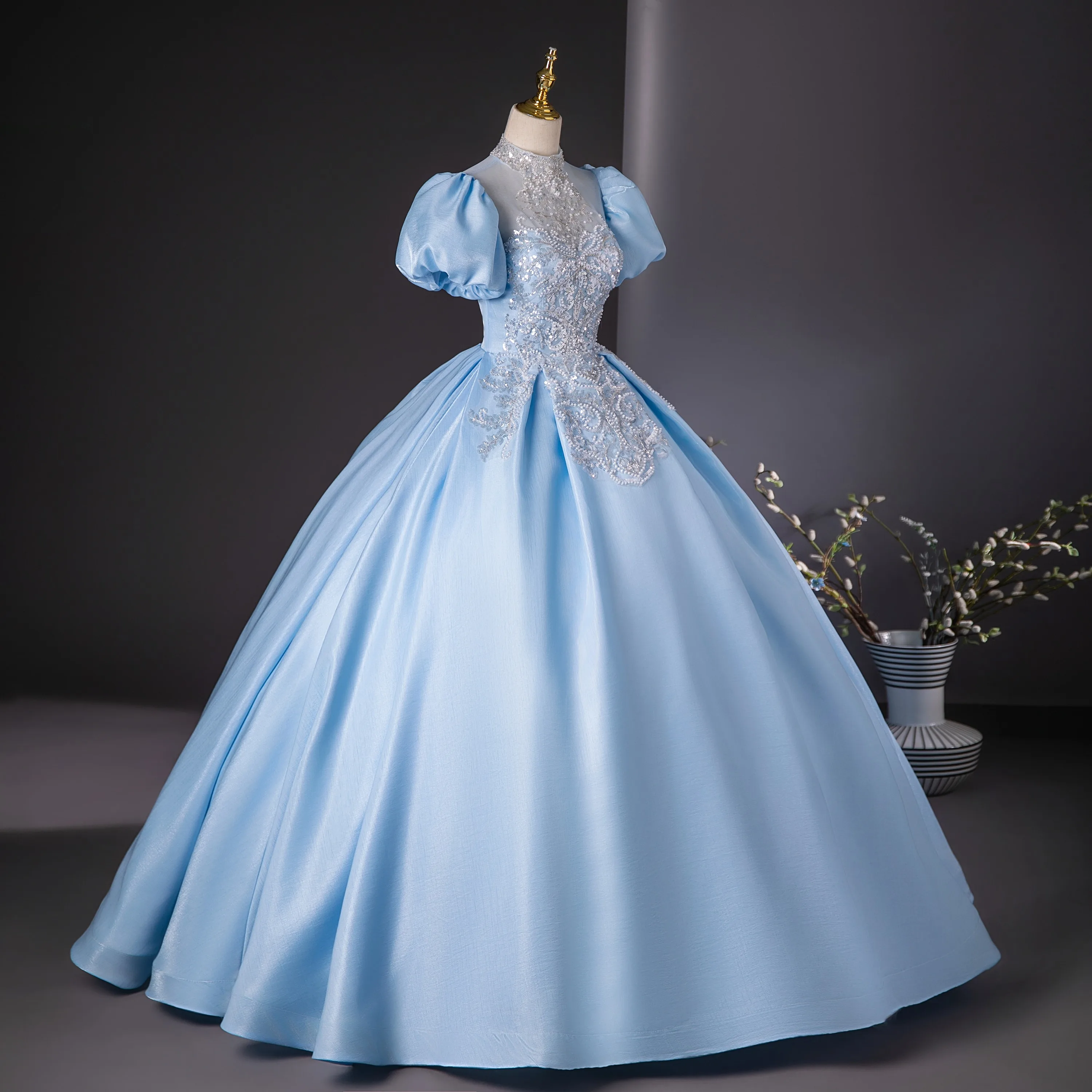 Elegant Sky Blue Beading Pearl Sequins Prom Dresses 2024 Ball Gown Scoop  Neck Puffy Short Sleeve Backless Floor Length Long Prom Formal Dresses