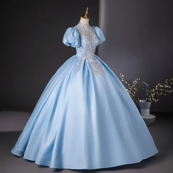Elegant Sky Blue Beading Pearl Sequins Prom Dresses 2024 Ball Gown Scoop Neck Puffy Short Sleeve Backless Floor-Length / Long Prom Formal Dresses